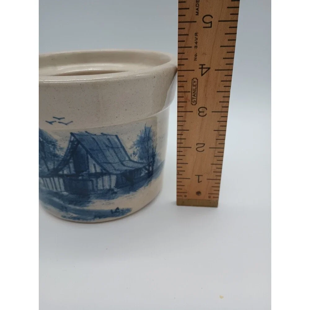 Vtg Paul Storie Pottery Painted Crock Barn Trees Birds